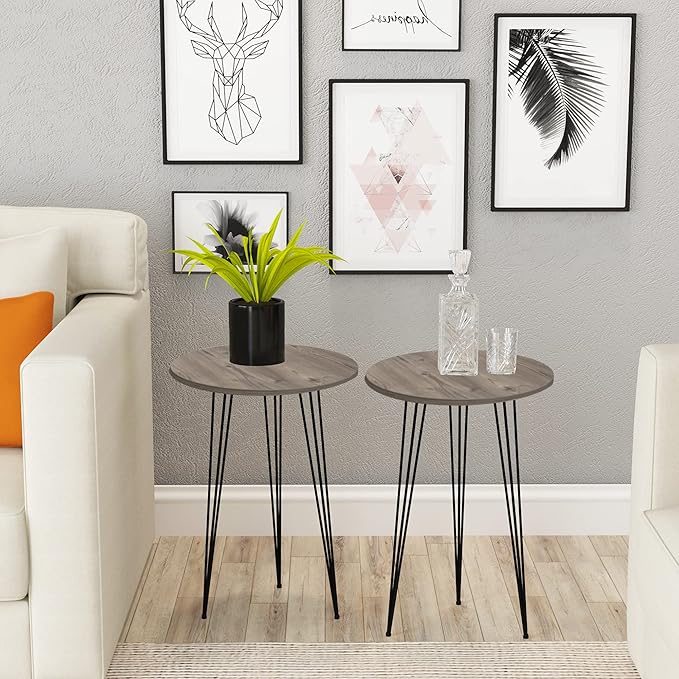 PAK HOME - Set of 2 Pine Wood Grey End Table – Round Wood Sofa Side Coffee Tables for Small Spaces, Nightstand Bedside Table for Bedroom, Living Room, Home Office, Balcony