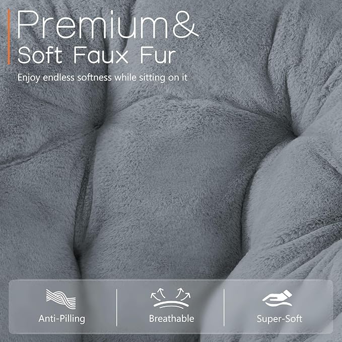 Saucer Chair Faux Fur with Soft and Thick Padded Seat Metal Frame, Modern Style Folding Cozy Chair for Bedroom, Living Room,XL, Grey
