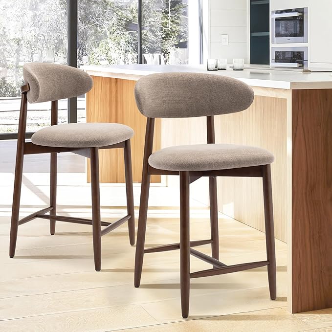 COLAMY Bar Stools Set of 2, Counter Height Barstools, Upholstered Counter Stools with Wood Legs for Kitchen Island Dining Room, Camel