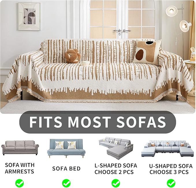 HAOMAIJIA Boho Sofa Covers Couch Covers for 3 Cushion Couch Sofa Pet Friendly Soft Thick Non Slip Couch Cover for Dogs Washable Sectional Couch Covers L Shape Furniture Protecto (XF-Khaki, 71"x134")