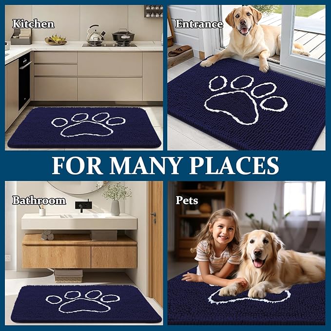 OLANLY Door Mat for Muddy Dog Paws 70x46, Ultra Absorbent Chenille Mud Doormat with Paw Print Design, Non-Slip Washable Doormat for Indoor Entryway, Quick-Dry Pet Bed Mats for Dirty Dogs, Navy Blue