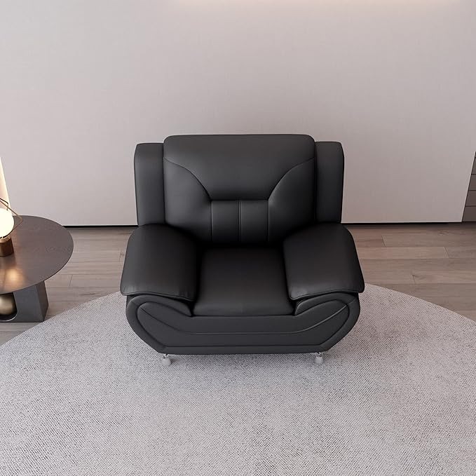 Container Furniture Direct Michael Modern Faux Leather Upholstered Stainless Steel Legs Living Room, Chair, Midnight Black