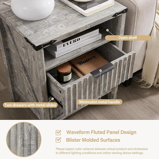 Grey Nightstand with Charging Station - 20 Inch Wide Farmhouse Fluted Bedside Table with 2 Drawers, Modern Wood End Side Table for Bedroom Study Storage Home