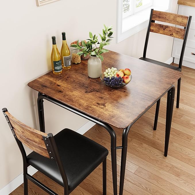 Dining Table for 2, Small Table and Chairs Set of 2, Square Dinette Set for 2, 3 Piece Kitchen & Dining Room Sets for Small Space (Vintage, Table with 2 Upholstered Chairs)