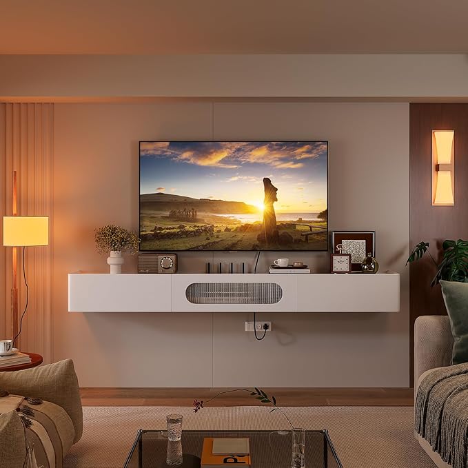 Floaticase Floating TV Stand, 55IN Fully Assembled Hign Gloss Wall Mounted Entertainment Center with Flip-Down Door & Drawers, Under TV Shelf with Large Storage for Living Room, Bedroom