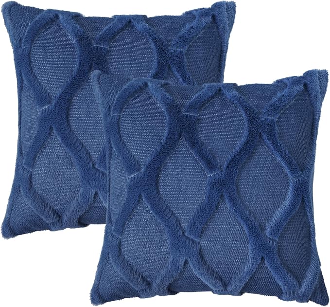 decorUhome Throw Pillow Covers 18x18 Inch Set of 2, Soft Plush Faux Fur Wool Dark Blue Couch Pillow Covers, Decorative Neutral Pillow Cases for Bed Sofa Living Room Home Decor