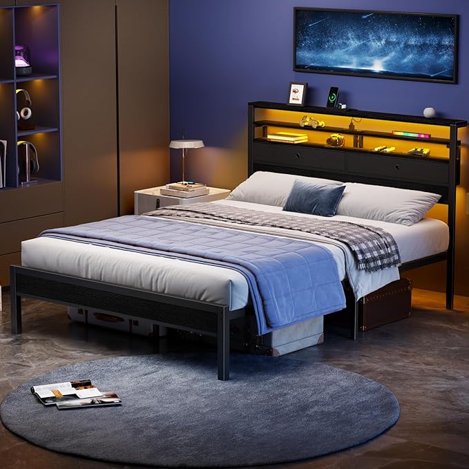 Furnulem Queen Bed Frame with Headboard & 2 Fabric Drawers, Bed Frame Queen Size Featuring LED Lights, Built-in Charging Station & Storage Shelves, Metal Slats, No Box Spring Needed – Black Oak