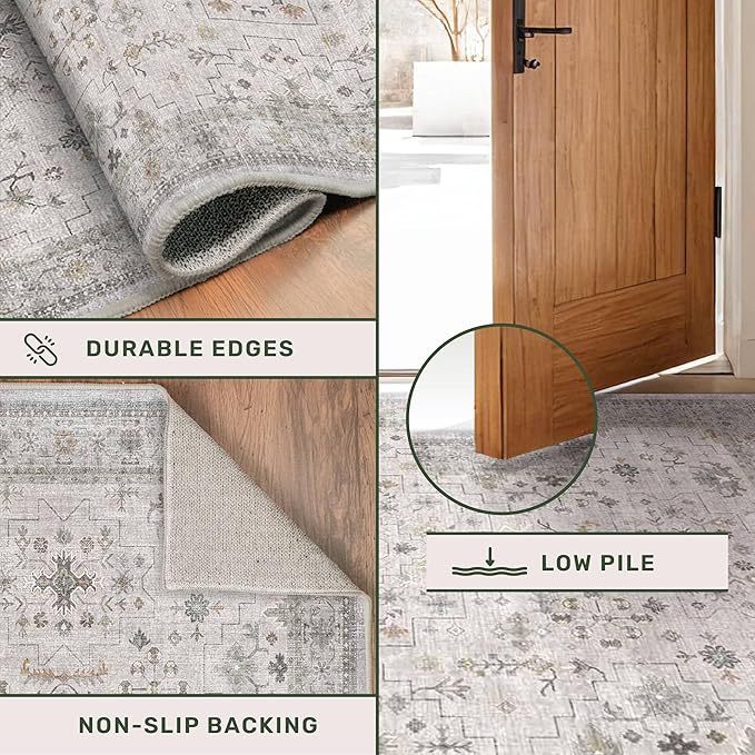 Boho Light Grey Living Room Rug 10x14 - Modern Vintage Eclectic Floral Pastel Neutral Taupe, Washable Low Pile Non-Slip Extra Large Area Rugs for Dining Under Table Bedroom Lounge