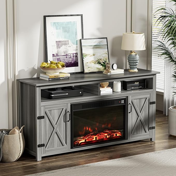 YESHOMY Fireplace TV Stand for Television up to 65+ Inch with Storage and Farmhouse Barn Doors, Entertainment Center with Cabinet and Shelves, Media Console for Living Room, Gray Wash