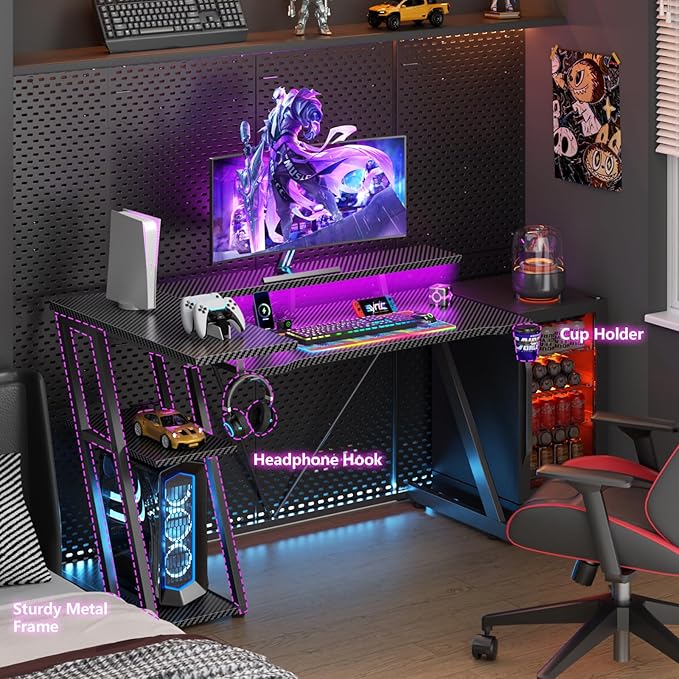 47 Inch Gaming Desk with Power Outlet & LED Lights, Corner Computer Desk with 3 Tiers Storage Shelves, Home Office Desk with Monitor Stand for Small Space, Carbon Fiber Black