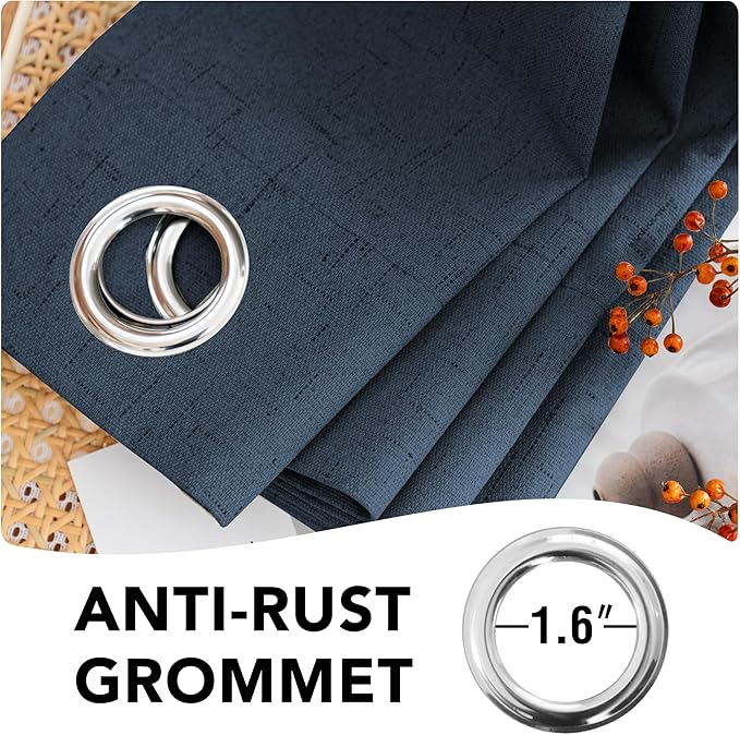 H.VERSAILTEX Linen Blackout Curtains 96 Inches Long 100% Absolutely Blackout Thermal Insulated Textured Linen Look Curtain Draperies Anti-Rust Grommet, Energy Saving with White Liner, 2 Panels, Navy