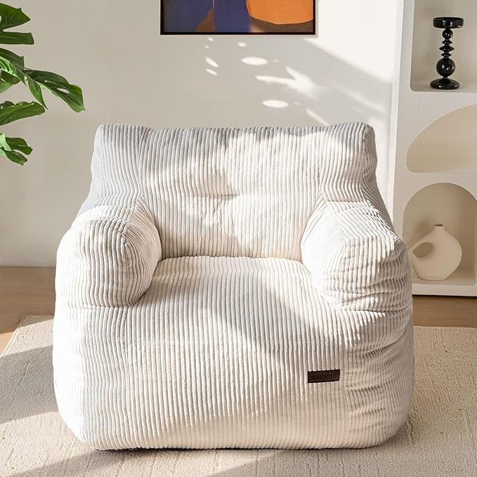 MAXYOYO Bean Bag Chair, Tufted Bean Bag Couch Lazy Chair, Living Room Sofa Couch with Filler for Adult Teens Kids, Corded Fabric Accent Sofa for Bedroom Dorm, Beige