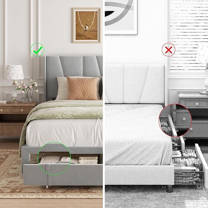 Full Bed Frame with Storage Drawers, Upholstered Platform Bed with Headboard and Wingboard, No Box Spring Needed, Noise Free, Easy Assembly, Wooden Support Slats, Light Grey