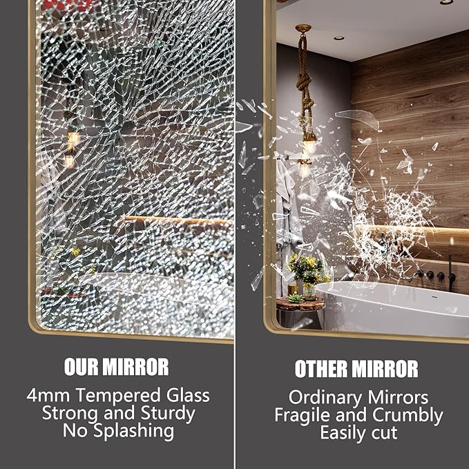 50x40 Inch Gold Bathroom Mirror, Rounded Rectangle Gold Frame Mirror, Brushed Gold Brass Bathroom Vanity Mirror Wall-Mounted, Anti-Rust, Hangs Horizontally or Vertically
