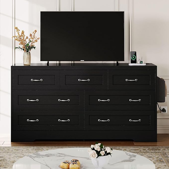YITAHOME Drawers TV Stand for 65 inches with Power Outlets -Chest of Drawers Dresser with Side Organizer Bag Entertainment Center TV Console, Black