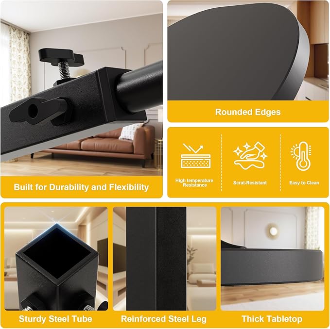 C Shaped End Side Table with Anti-Drop Rod, Adjustable Height & 360° Swivel Snack Table for Couch, Sofa, Bedroom, Living Room, TV Tray Table for Eating, Dinner or Laptop, Small Spaces, Black