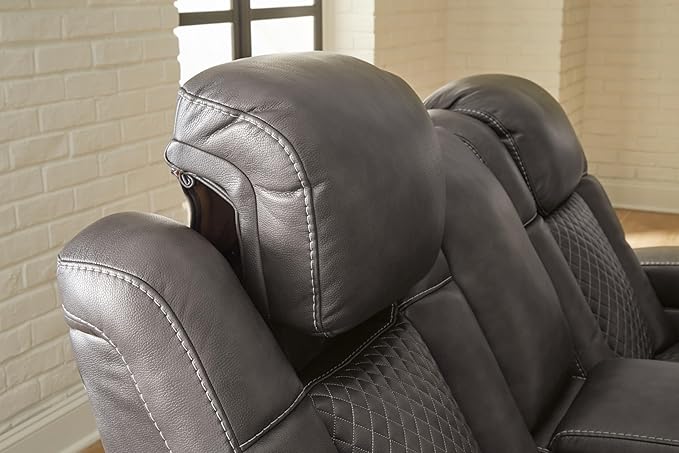 Signature Design by Ashley Fyne-Dyme Contemporary Power Reclining Loveseat with Console, USB Charging Ports and Adjustable Headrest, Gray