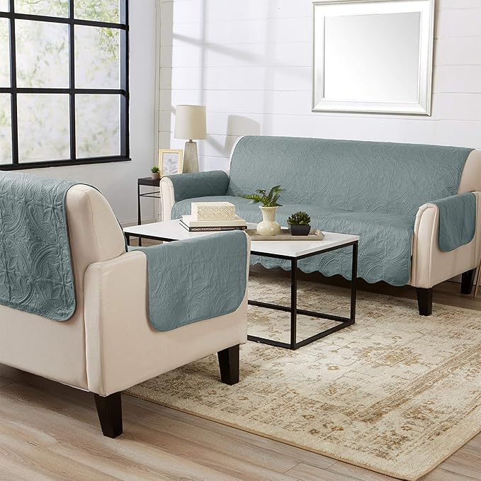 Medallion Stitched Solid Furniture Protector Stain Resistant Durable Furniture Protector Elenor Collection (Chair, Mirage Gray/Flax)