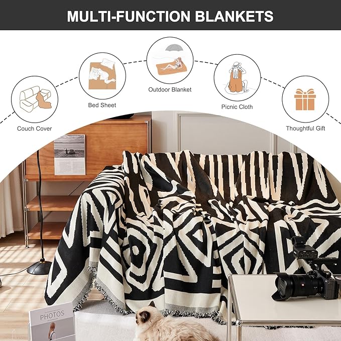 STACYPIK Boho Jacquard Sofa Cover for Dogs, Non Slip Black Geometric Triangle Couch Cover for 1 Seater, Armchair Slipcovers, Reversible Loveseat Cover, Multi-use Furniture Protector for Pets-71X71IN