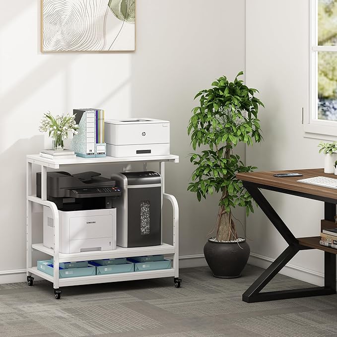 Printer Stand, 32.3" x 18.9" x 32.1" Extra Large Printer Table with Adjustable Storage Shelf, 3 Tier Rolling Printer Cart with Industrial Wheels for Home Office, White