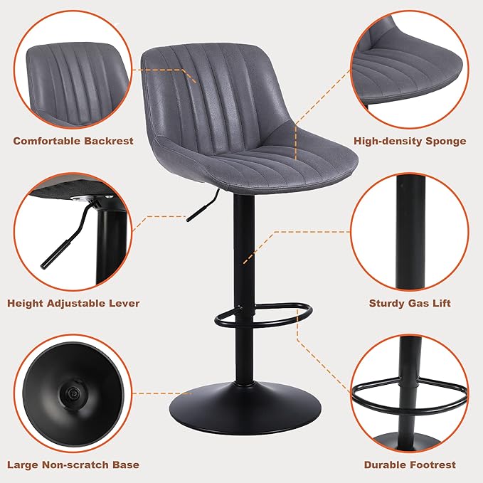 Bar Stools Set of 3, Swivel Counter Height Barstools with Back, Adjustable PU Leather Bar Chairs, Modern Armless Kitchen Island Stool, Dark Grey