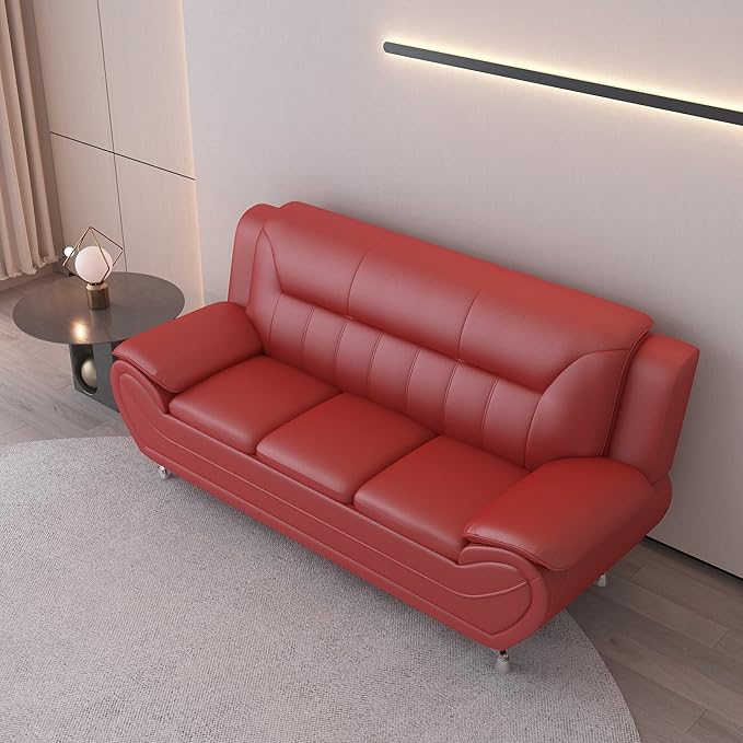 Container Furniture Direct Michael Modern Faux Leather Upholstered Stainless Steel Legs Living Room Sofa, Loveseat, Persian Red