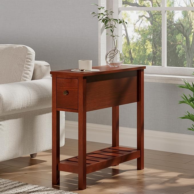 ChooChoo Narrow End Table, Small Side Table for Small Spaces, Slim End Table with Drawer, Narrow Nightstand Bedside Table for Living Room Bedroom, Cherry Brown, 2 Pack