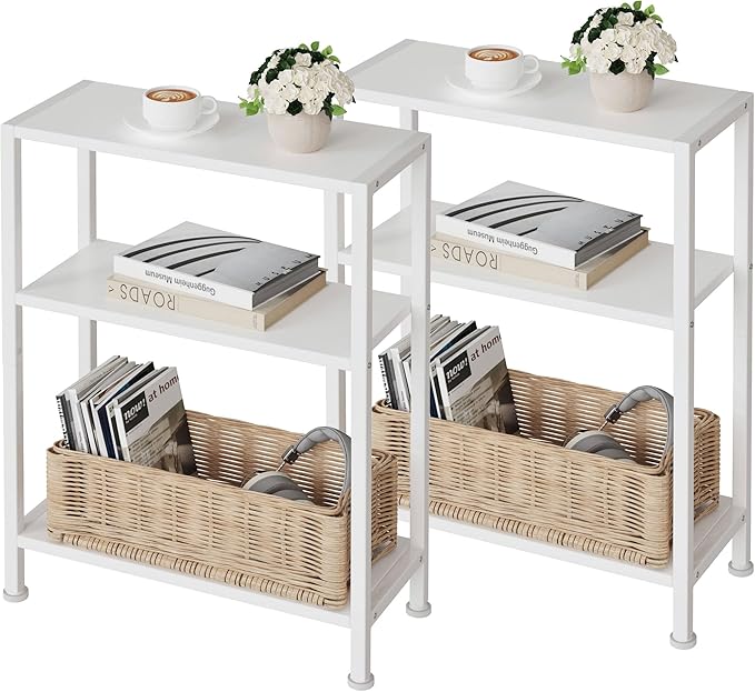 3-Tier Side Table Set of 2, Small End Table, Sofa Side Table for Narrow Spaces, Slim End Table, Nightstand Table, for Living Room Bedroom Office, White