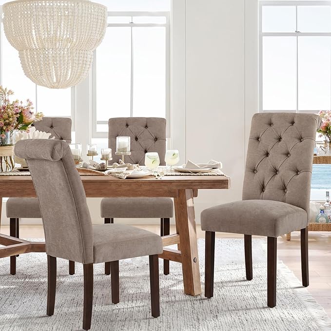 COLAMY Button Tufted Dining Chairs Set of 6, Parsons Upholstered Fabric Dining Room Chairs Kitchen Chairs with Wood Legs and Padded Seat, Taupe
