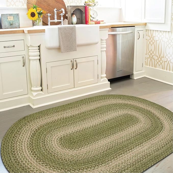 Homespice Grassland Rustic Braided Rugs 20x30 - Oval Sage Green Kitchen Rug of Jute for Country Decor