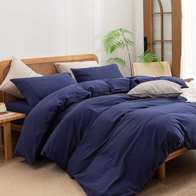 BESTOUCH Duvet Cover Set 100% Washed Cotton Linen Feel Super Soft Comfortable Chic Lightweight 2 PCs Home Bedding Set Solid Navy Blue Twin/Twin XL