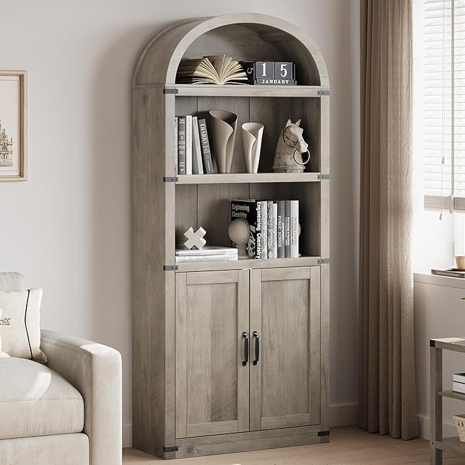 Garveehome Bookcase with Doors Arched Bookshelf 71.65in Tall Bookcase Farmhouse Cabinet with Shelves Wooden Bookshelves for Home Office, Living Room