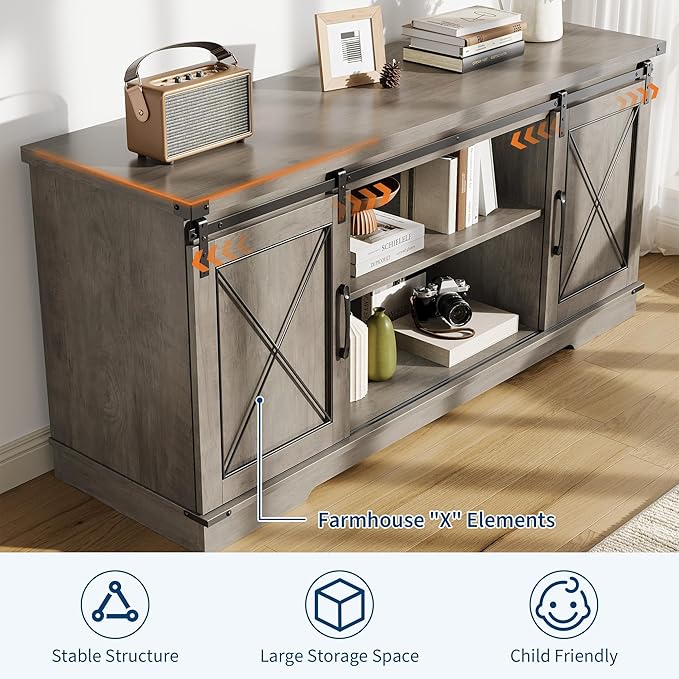 Farmhouse 59" TV Stand Up to 65 Inches, Mid Century Modern TV Entertainment Center with Storage Cabinets & Open Shelves, Wood TV Cabinet for Living Room, Grey