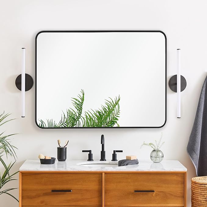 30x36 Inch Rectangle Bathroom Mirror with Black Metal Frame, Rounded Corner Rectangular Vanity Mirror for Wall, Modern Large for Bedroom, Living Room, Horizontal or Vertical