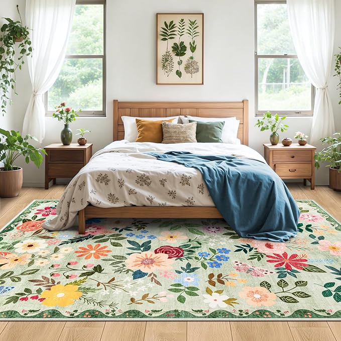 10x14 Area Rugs for Living Room: Floral Washable Rug Vintage Large Soft Boho Non-Slip Carpet Indoor Stain Resistant Low Pile Carpets for Bedroom Dining Room Farmhouse Nursery Hallway Home Office Green