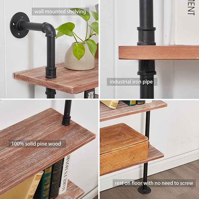 Industrial Ladder Pipe Shelf, Wall Mounted Wood Metal Bookshelf for Living Room Storage (Weathered Brown, 6 Tier - 10" D x 48" W x 82.5" H)