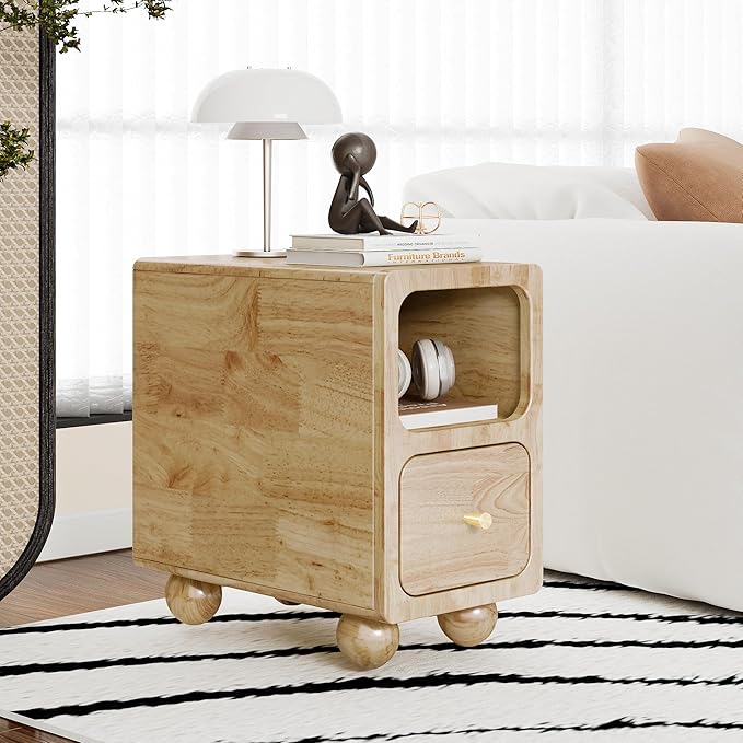 Solid Wood Night Stand, Narrow Nightstand with Drawers, Natural Mid Century Modern Nightstand, Small Beside Table with Open Storage Shelf for Bedroom (10 inch)