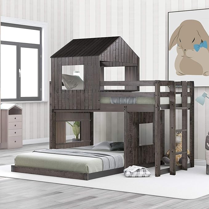 Ball & Cast Twin Over Full Playhouse Bunk Bed with Ladder and Window,Farmhouse Wood Bunkbed w/Full-Length Guard Rail & Slat Support,Space Saving,Bedroom Furniture for Student Dorms,Antique Gray