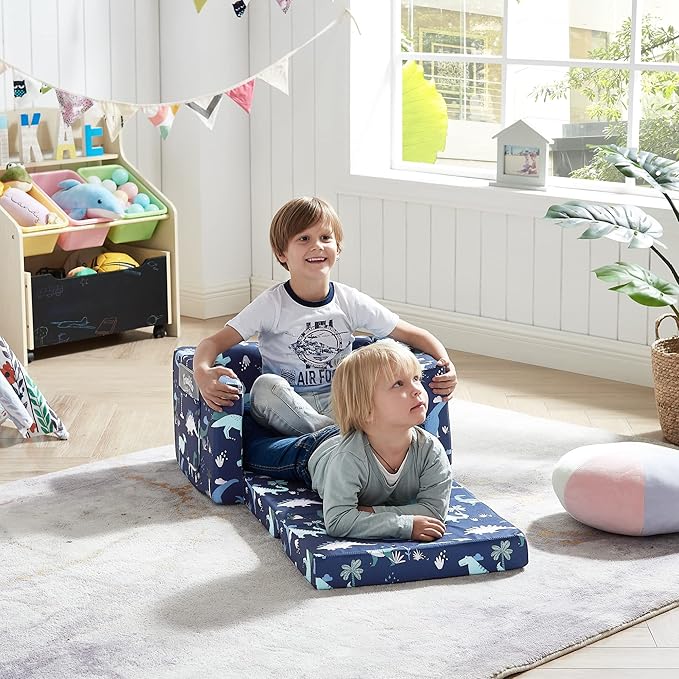 Ulax furniture Kids Sofa Chair for Reading, 2-in-1 Sofa Toddler Fold Out Couch, Convertible Sofa to Sleeper Couch (Navy Dinosaur)