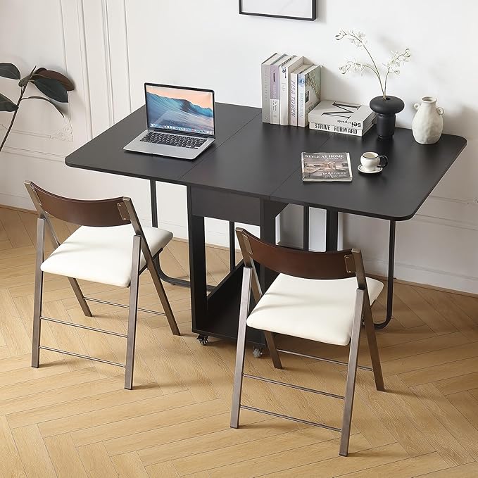 Folding table and chair set, dining table with extra large storage space and 4 universal wheels, matched with padded steel frame folding chairs, space-saving dining table and 2 chairs (White)