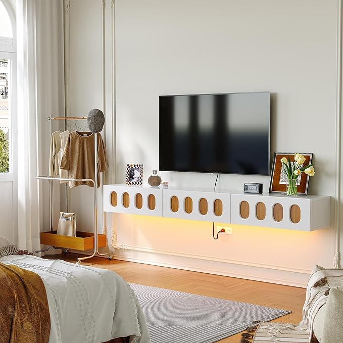 Floaticase Fully Assembled Floating TV Stand, 55IN High Gloss Wall Mounted Entertainment Center with Flip-Down Doors & Drawers, TV Console Under TV Shelf for Bedroom Livingroom
