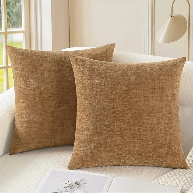 CaliTime Throw Pillow Covers Decorative 20 X 20 Inches Pack of 2 Cozy Chenille Cushion Cases for Couch Sofa Bed Living Room Home Apricot Brown