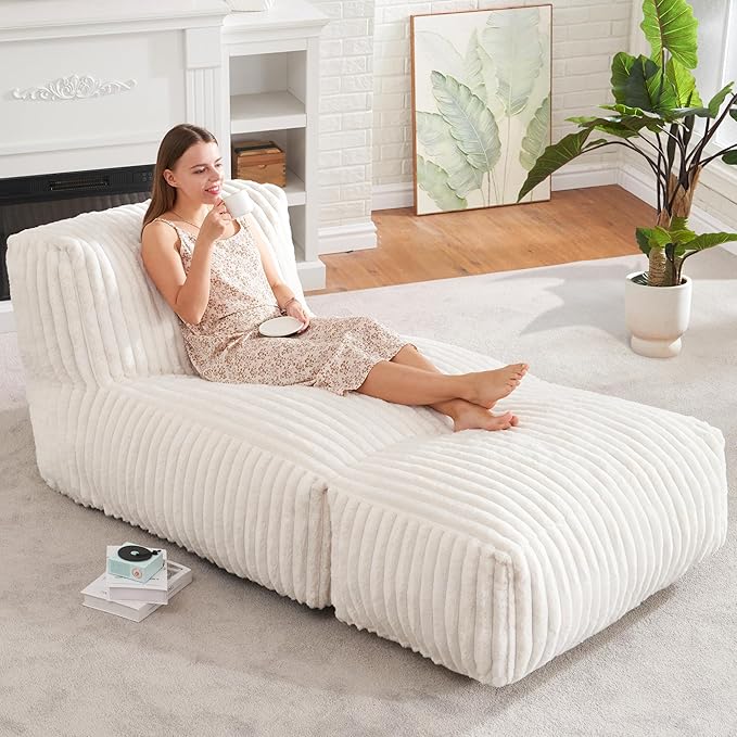 Hobestluk Big Bean Bag Lounger Chairs Large Beanbag Chair for Adults Bean Bag Sofa with Memory Foam Filled for Living Room, Bedroom or Balcony (Stripe White)