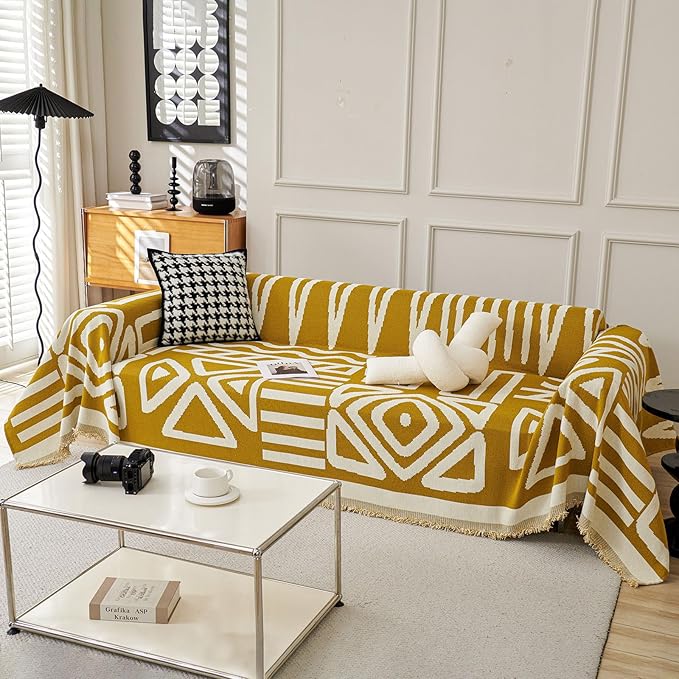 STACYPIK Mustard Yellow Boho Sofa Cover Couch Cover Reversible Jacquard Furniture Protector for 3 Cushion Couch L Shaped Sofa Slipcover Non-Silp Sofa Cushion Covers for Sectional with Tassels-91X150IN