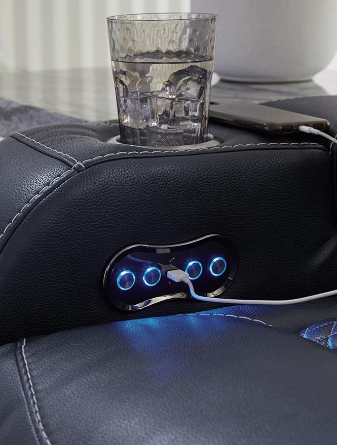 Signature Design by Ashley Fyne-Dyme Contemporary Power Reclining Sofa with USB Charging Ports and Adjustable Headrest, Blue