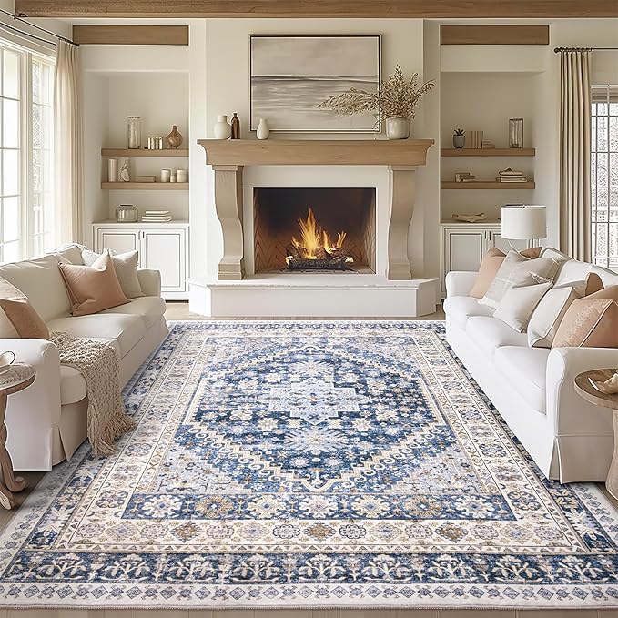 zesthome 9x12 Area Rugs,Stain Resistant Washable Rug,Ultra-Thin Rugs for Living Room,Bedroom,Non-Slip Backing Home Decor Large Area Rug (Blue/Beige,9'x12')
