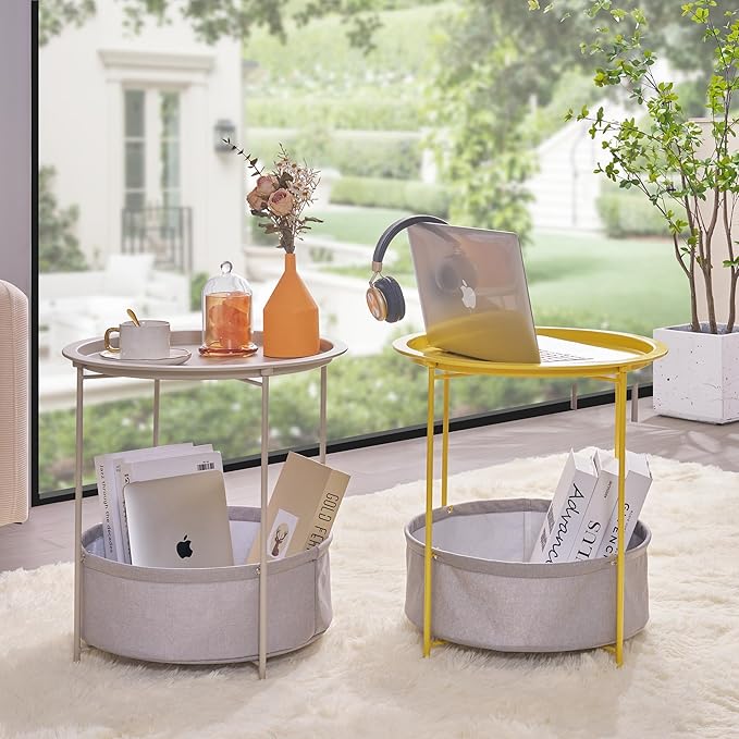VECELO Round Side/End Table with Fabric Storage Basket，Metal Anti-Rust and Waterproof Small Bedside Nightstand with Removable Tray Top for Living Room，Balcony & Laundry，Grey /1pcs with Basket
