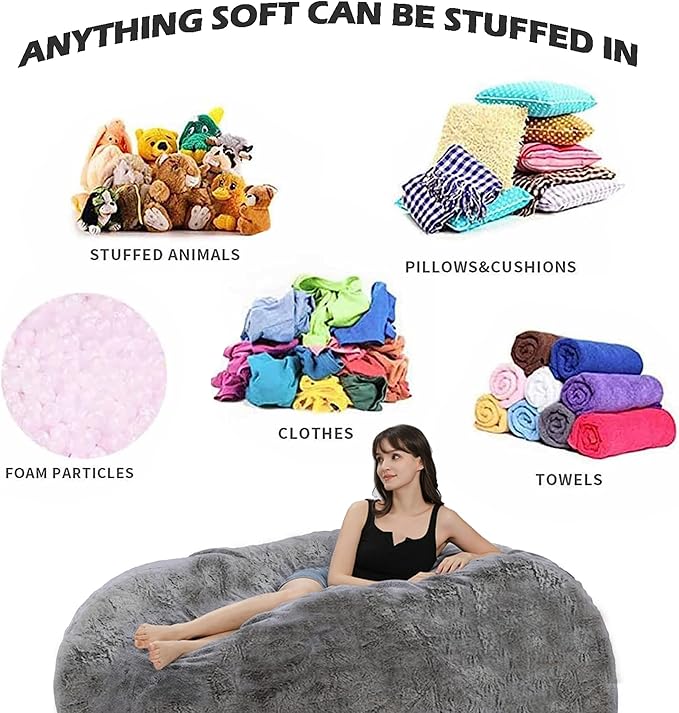 BCU 6FT Bean Bag Chair for Adults and Kids Without Filler Giant Stuffed Animal Storage Cover Soft Faux Fur Floor Chair Cover for Bedroom Living Room, Silver Blue