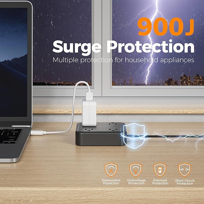 Surge Protector Flat Extension Cord 5FT, TESSAN Flat Plug Power Strip with 4 Outlets 3 USB C Ports (1 USB C), 900 Joules Protection, Multiple Wall Outlet Extender Suitable for Home Office Dorm, Black