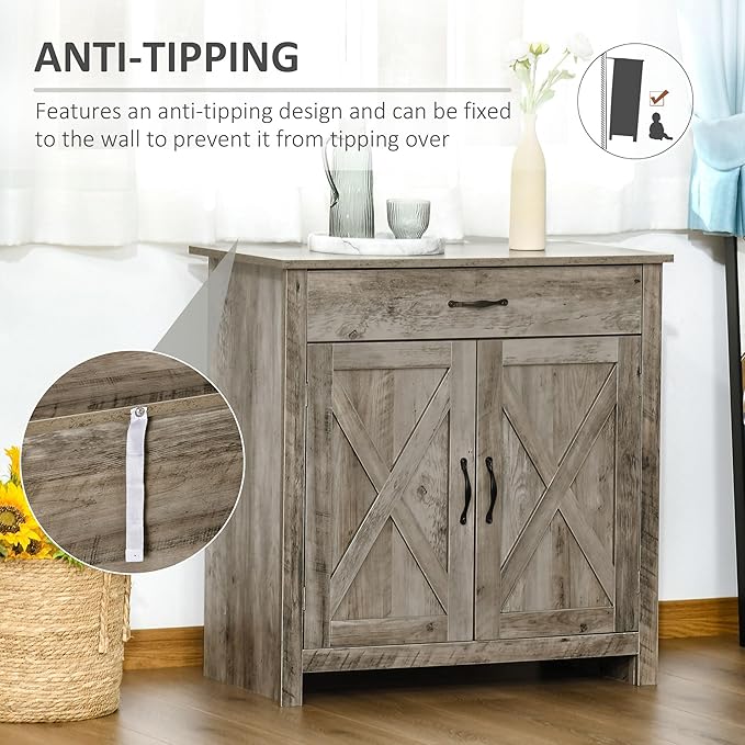 HOMCOM Farmhouse Sideboard Buffet Cabinet, Barn Door Coffee Bar Cabinet with Drawer and Adjustable Shelf, for Living Room, Entryway, Gray